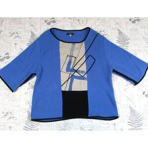 NEW Jaskar Women's Designer Lagenlook hand Painted Blue  knit art to wear Top XL